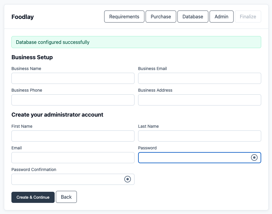 Business setup screen